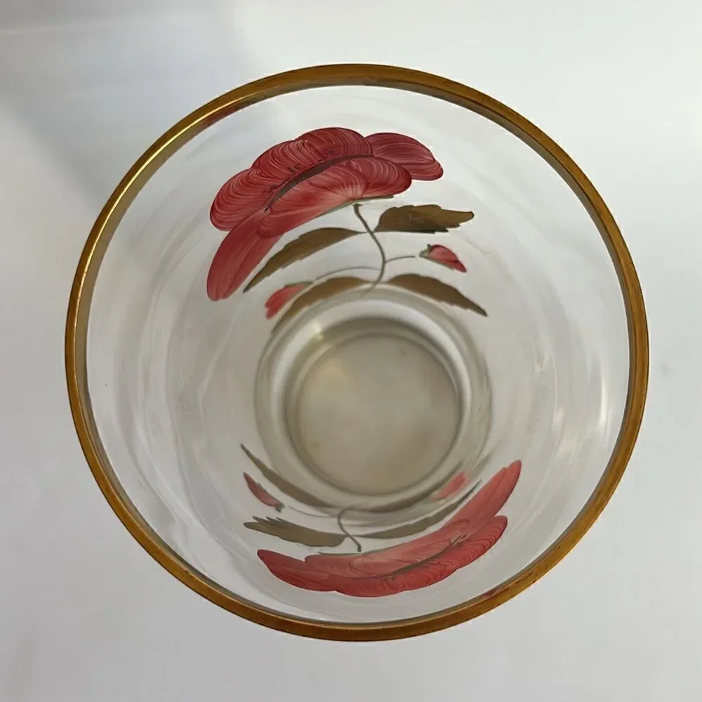 Large Vintage Clear Glass Vase Painted Flowers Gold Bands and Rim